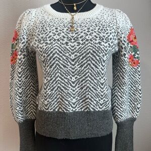 Anthropologie Gray and Cream wool Sweater with Red Floral Details